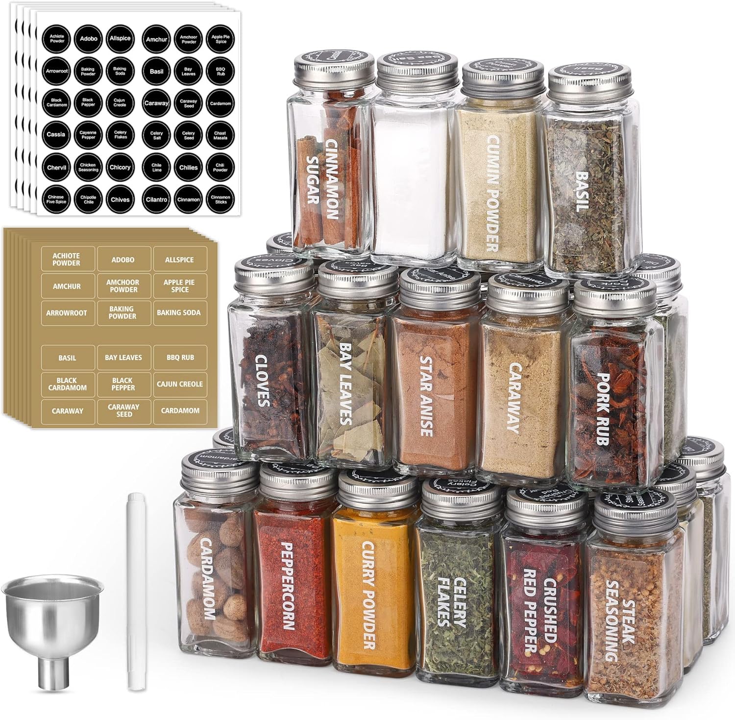 28 Pcs Clear Glass Spice Jars Set with Labels, Funnel, Chalk Pen, Shaker Lids, Airtight Caps - Square Bottles for Spice Rack, Cabinet, Drawer