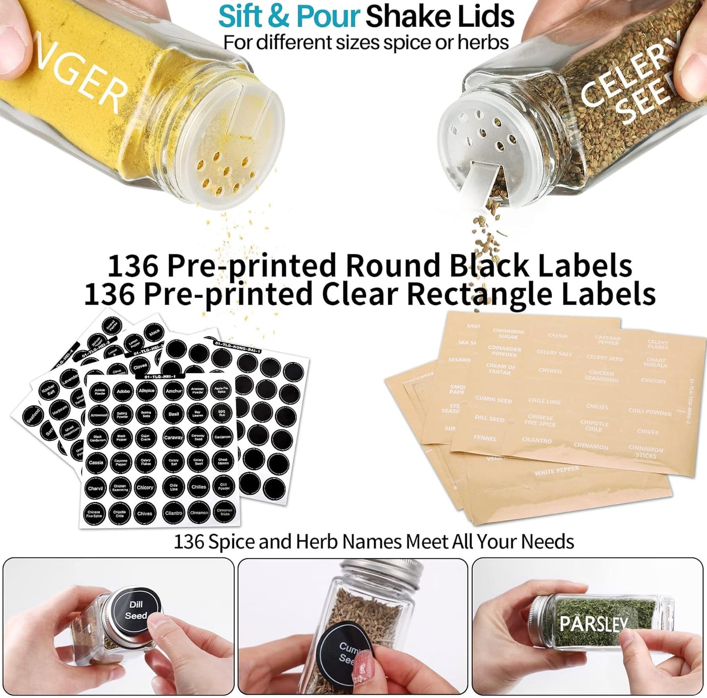 28 Pcs Clear Glass Spice Jars Set with Labels, Funnel, Chalk Pen, Shaker Lids, Airtight Caps - Square Bottles for Spice Rack, Cabinet, Drawer