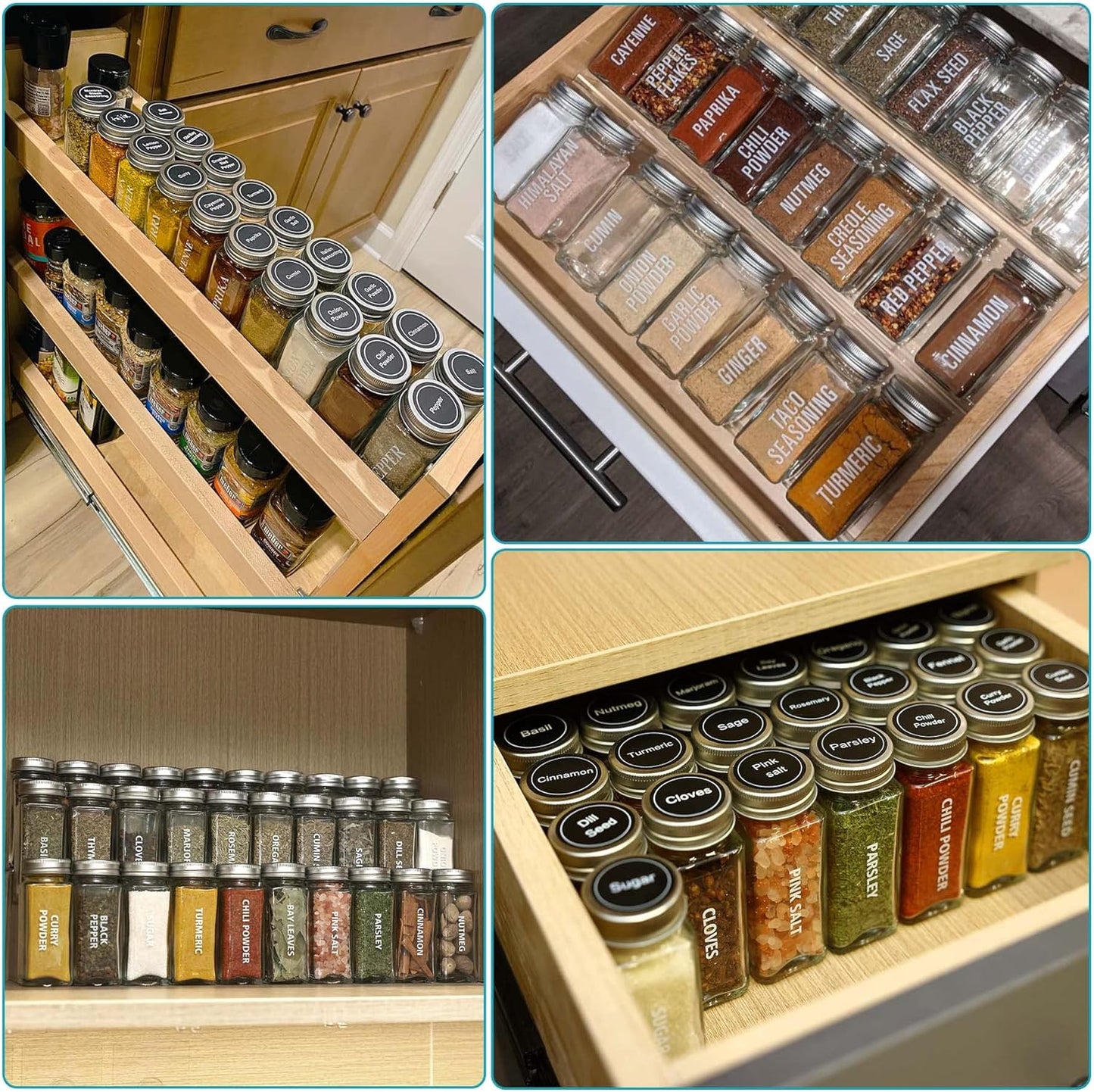 28 Pcs Clear Glass Spice Jars Set with Labels, Funnel, Chalk Pen, Shaker Lids, Airtight Caps - Square Bottles for Spice Rack, Cabinet, Drawer