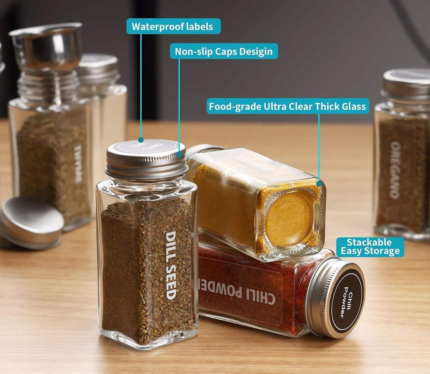 28 Pcs Clear Glass Spice Jars Set with Labels, Funnel, Chalk Pen, Shaker Lids, Airtight Caps - Square Bottles for Spice Rack, Cabinet, Drawer