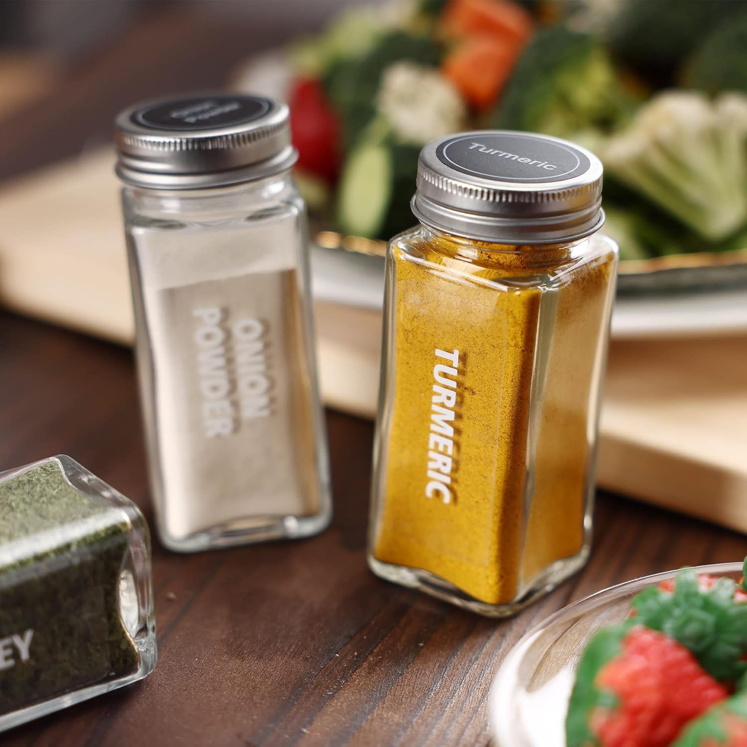 28 Pcs Clear Glass Spice Jars Set with Labels, Funnel, Chalk Pen, Shaker Lids, Airtight Caps - Square Bottles for Spice Rack, Cabinet, Drawer