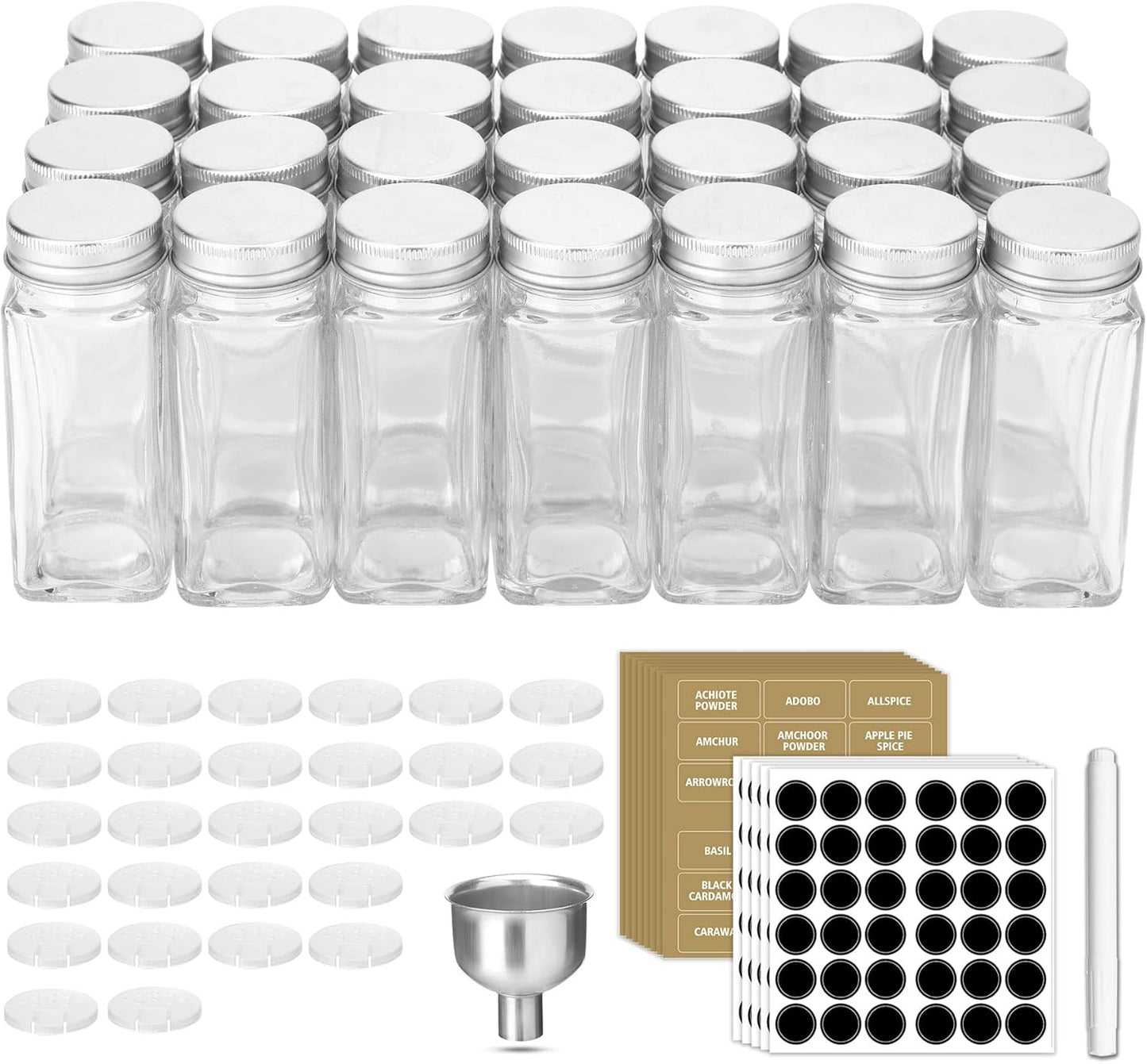 28 Pcs Clear Glass Spice Jars Set with Labels, Funnel, Chalk Pen, Shaker Lids, Airtight Caps - Square Bottles for Spice Rack, Cabinet, Drawer