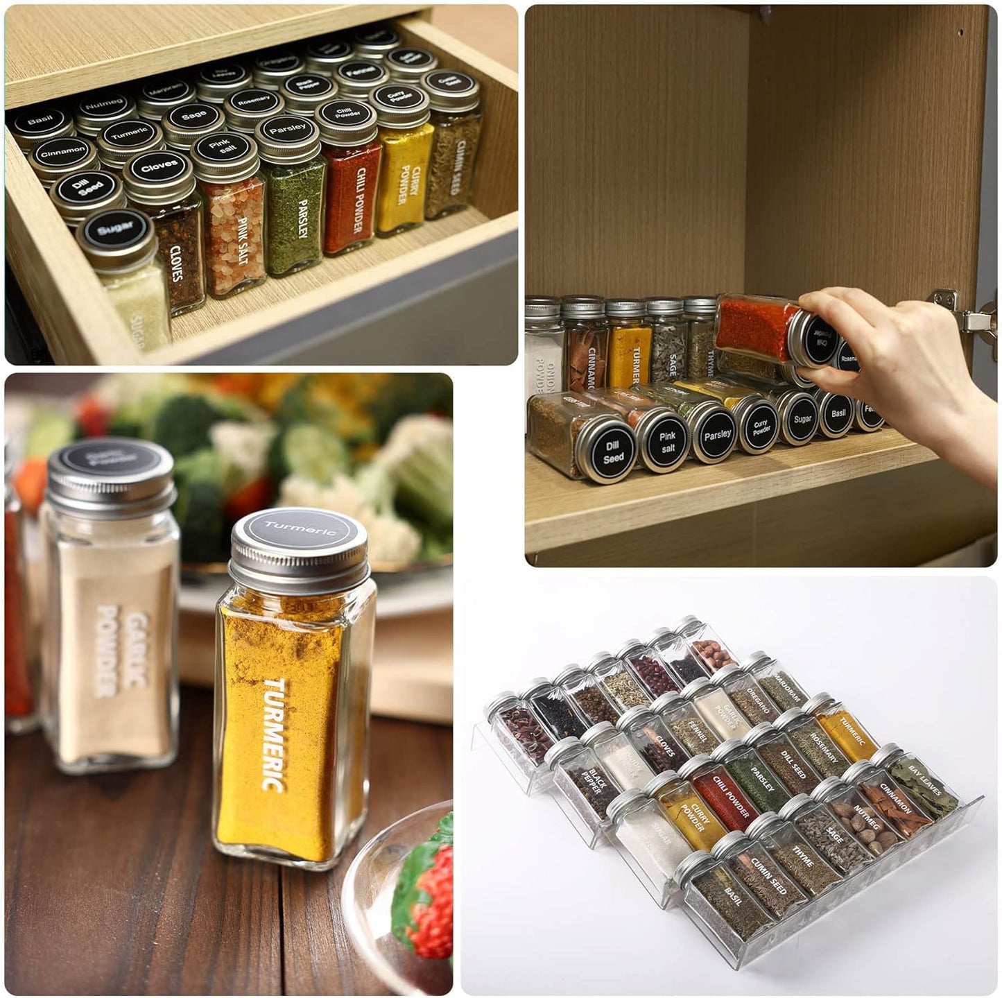 28 Pcs Clear Glass Spice Jars Set with Labels, Funnel, Chalk Pen, Shaker Lids, Airtight Caps - Square Bottles for Spice Rack, Cabinet, Drawer