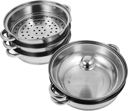 28cm Stainless Steel Steamer Stockpot with Lid - Versatile Soup Pot and Pasta Cooking Pan - Unomor Multifunctional Silver Finish
