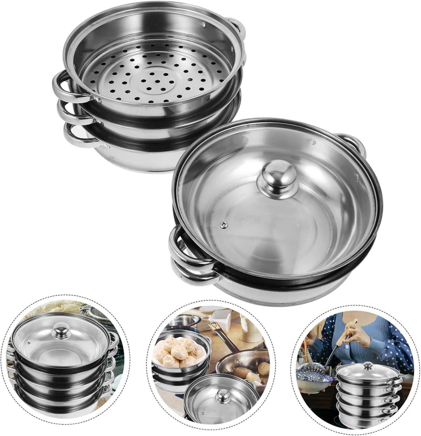 28cm Stainless Steel Steamer Stockpot with Lid - Versatile Soup Pot and Pasta Cooking Pan - Unomor Multifunctional Silver Finish