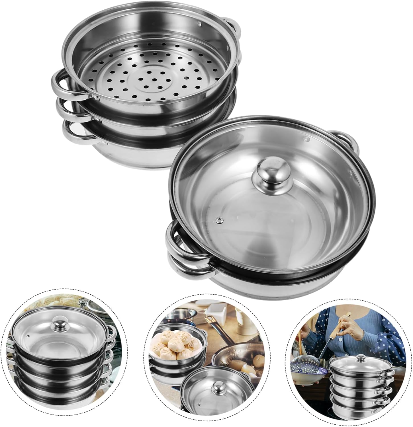 28cm Stainless Steel Steamer Stockpot with Lid - Versatile Soup Pot and Pasta Cooking Pan - Unomor Multifunctional Silver Finish