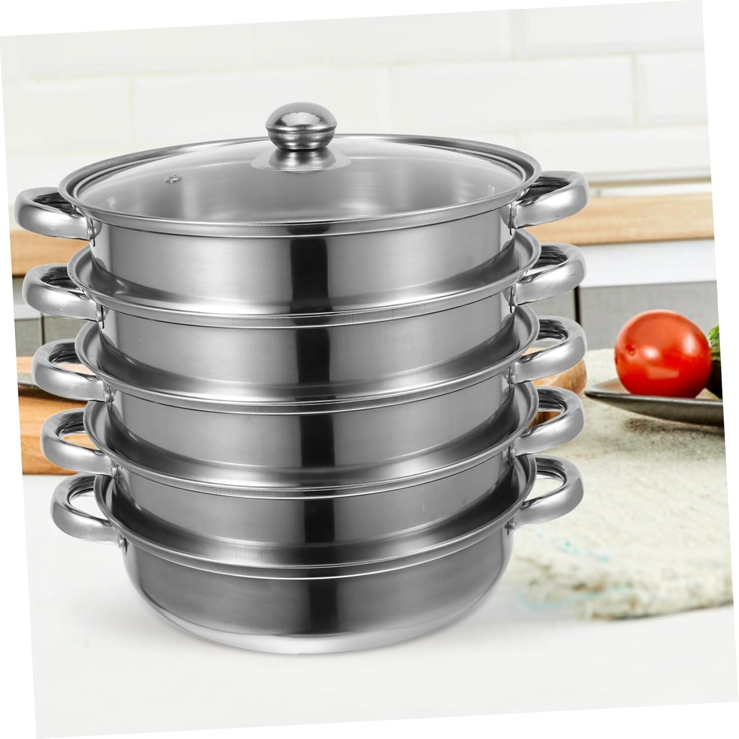 28cm Stainless Steel Steamer Stockpot with Lid - Versatile Soup Pot and Pasta Cooking Pan - Unomor Multifunctional Silver Finish