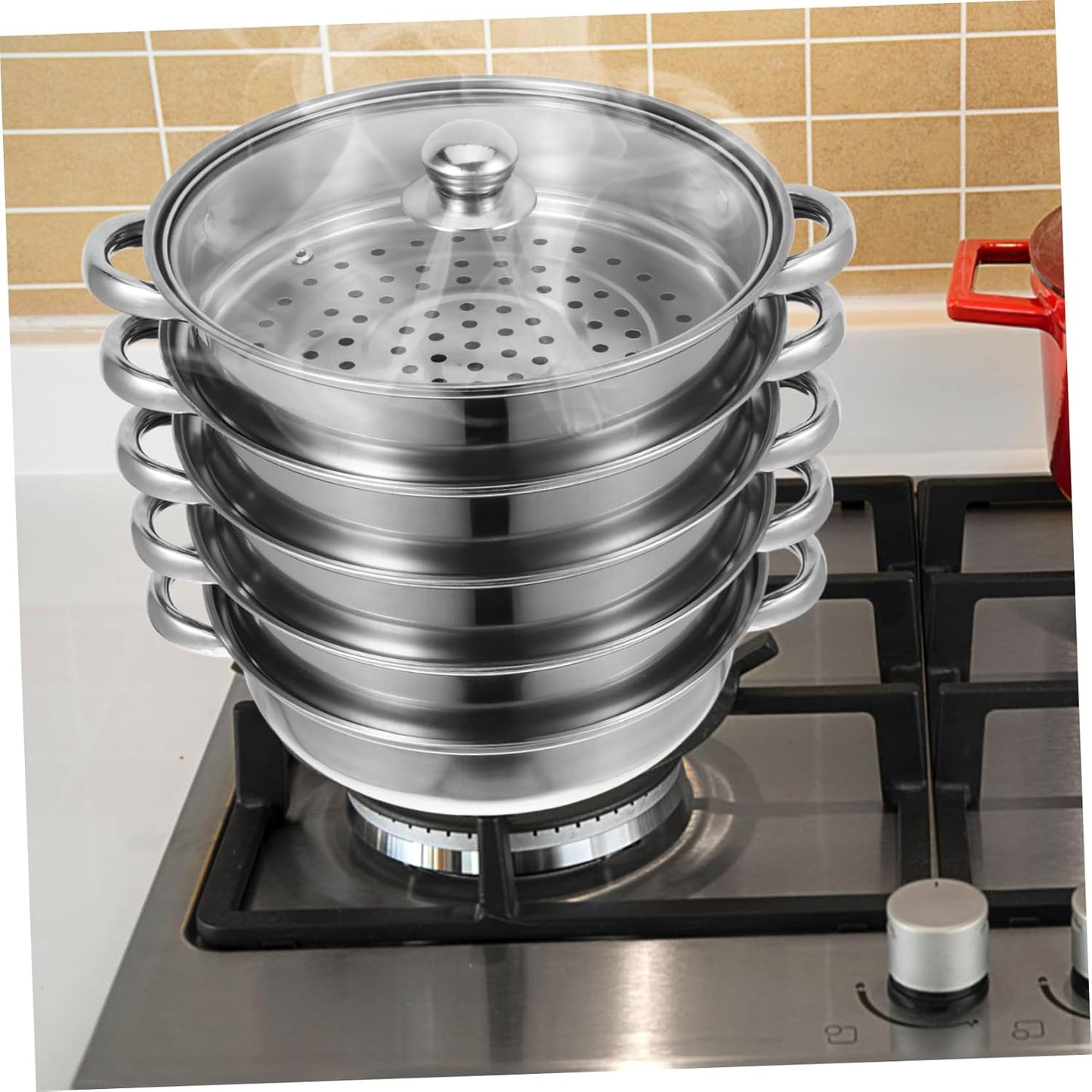 28cm Stainless Steel Steamer Stockpot with Lid - Versatile Soup Pot and Pasta Cooking Pan - Unomor Multifunctional Silver Finish