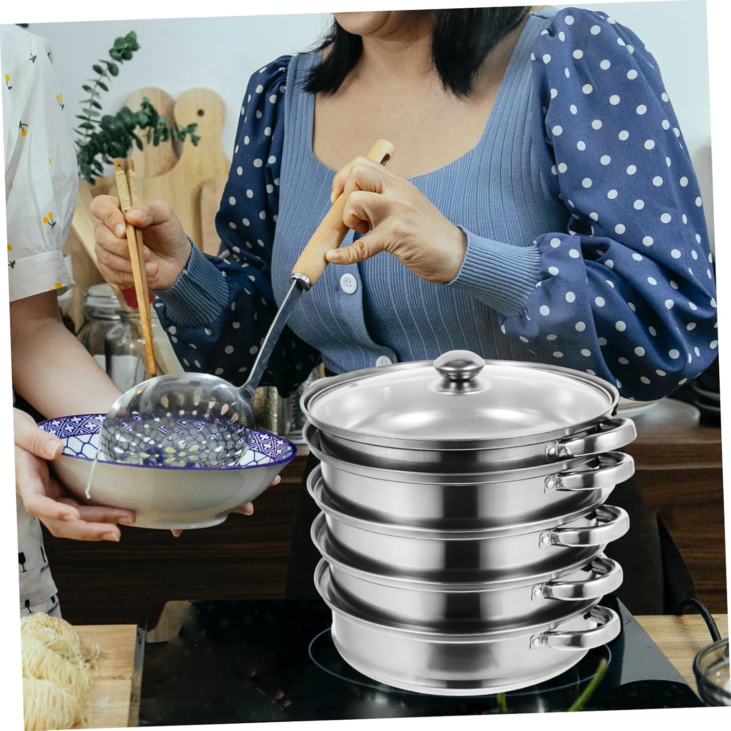 28cm Stainless Steel Steamer Stockpot with Lid - Versatile Soup Pot and Pasta Cooking Pan - Unomor Multifunctional Silver Finish