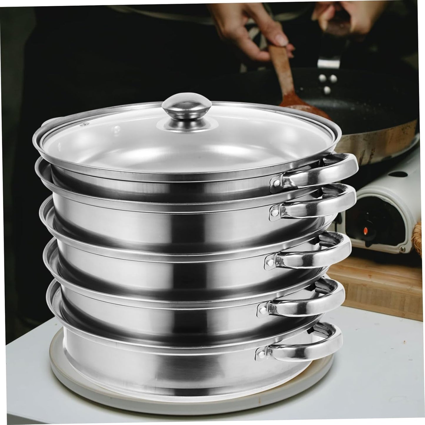 28cm Stainless Steel Steamer Stockpot with Lid - Versatile Soup Pot and Pasta Cooking Pan - Unomor Multifunctional Silver Finish