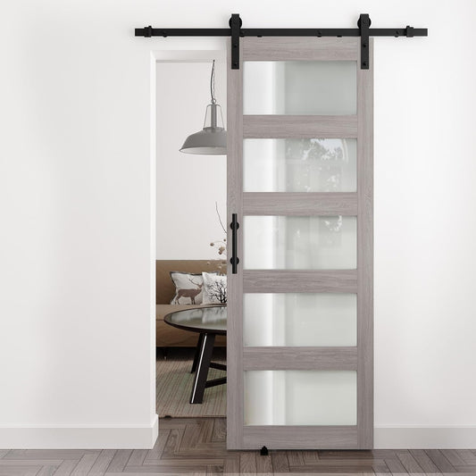 28in x 84in Barn Door with 5FT Hardware Kit, 5-Panel Frosted Glass, Waterproof, Easy Assembly - Fits Max Opening 26in x 82in, Grey