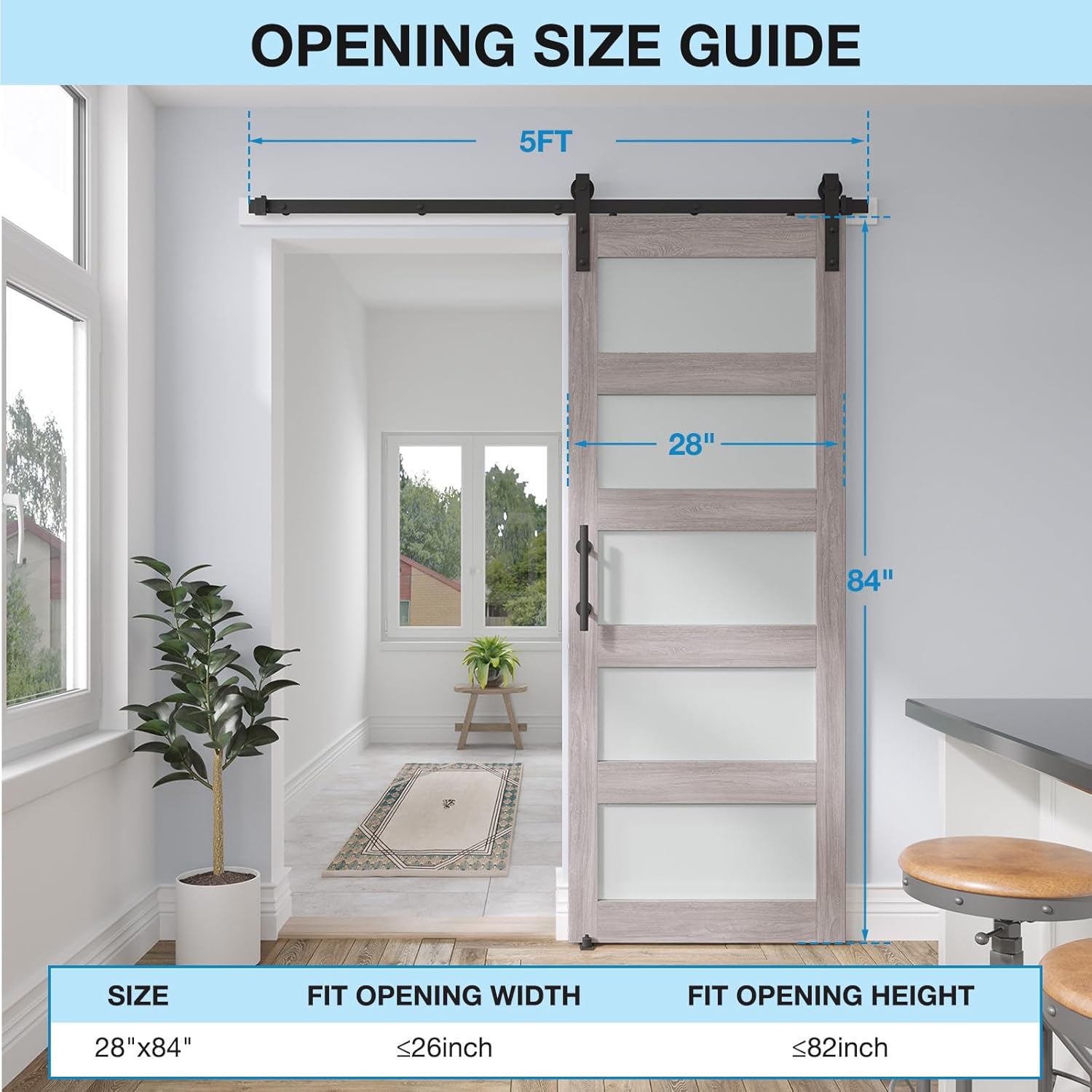 28in x 84in Barn Door with 5FT Hardware Kit, 5-Panel Frosted Glass, Waterproof, Easy Assembly - Fits Max Opening 26in x 82in, Grey