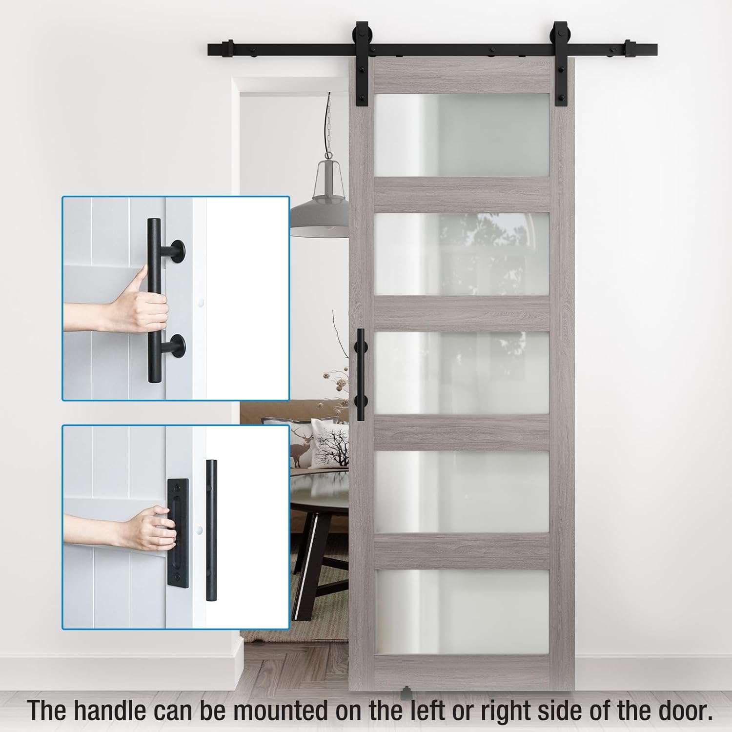 28in x 84in Barn Door with 5FT Hardware Kit, 5-Panel Frosted Glass, Waterproof, Easy Assembly - Fits Max Opening 26in x 82in, Grey