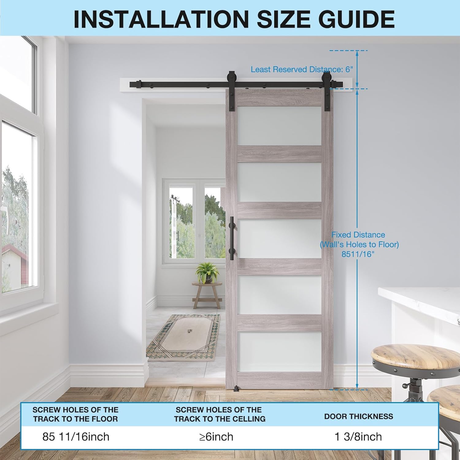 28in x 84in Barn Door with 5FT Hardware Kit, 5-Panel Frosted Glass, Waterproof, Easy Assembly - Fits Max Opening 26in x 82in, Grey