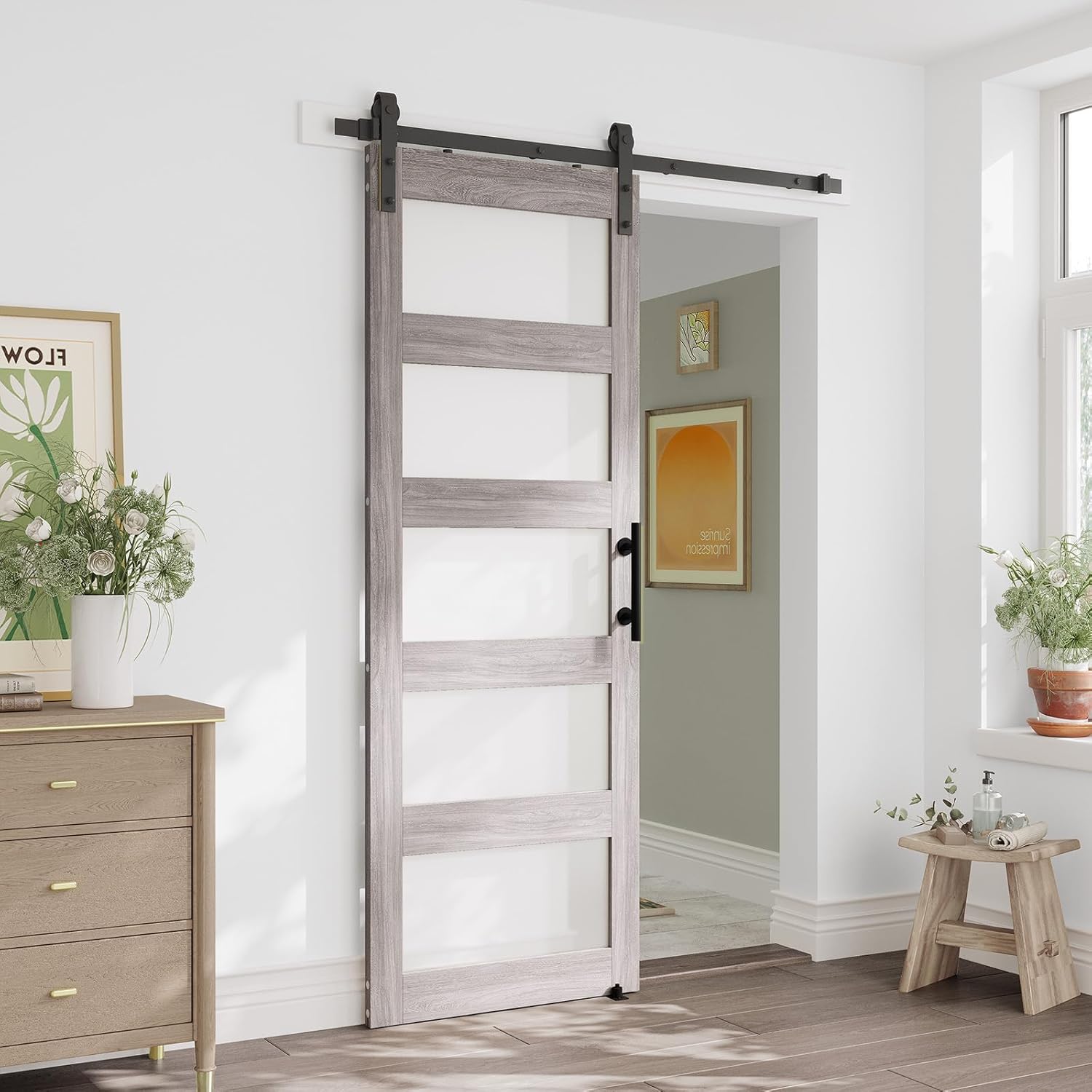 28in x 84in Barn Door with 5FT Hardware Kit, 5-Panel Frosted Glass, Waterproof, Easy Assembly - Fits Max Opening 26in x 82in, Grey