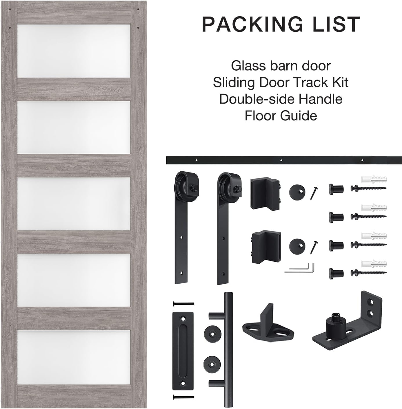28in x 84in Barn Door with 5FT Hardware Kit, 5-Panel Frosted Glass, Waterproof, Easy Assembly - Fits Max Opening 26in x 82in, Grey