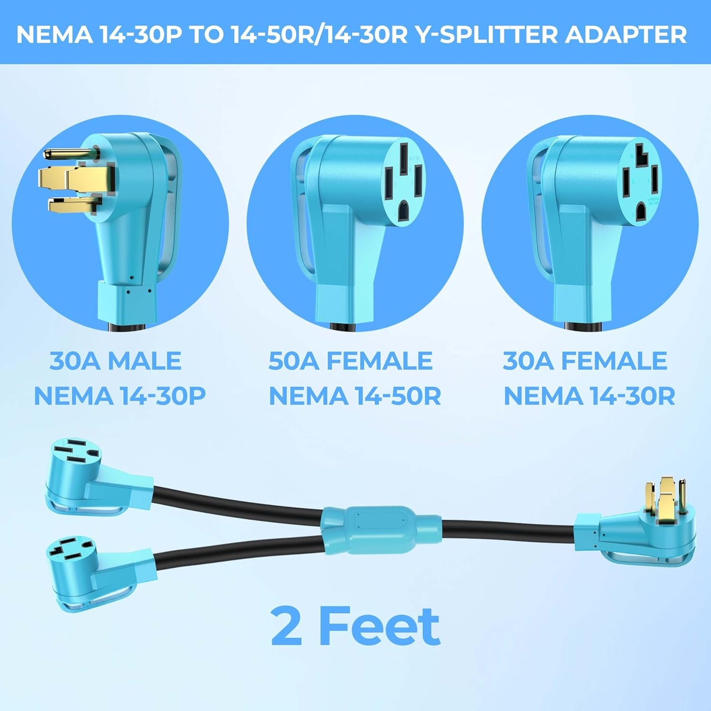 2FT CircleCord Dryer Y Splitter: NEMA 14-30P to 14-30R/14-50R, 250V 7500W, STW 10AWG 4 Prong Adapter for Dryer Outlet & RV EV Charging
