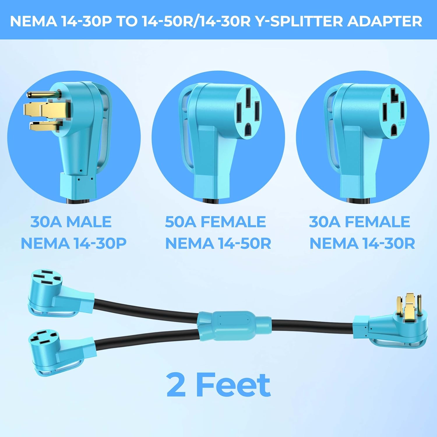 2FT CircleCord Dryer Y Splitter: NEMA 14-30P to 14-30R/14-50R, 250V 7500W, STW 10AWG 4 Prong Adapter for Dryer Outlet & RV EV Charging