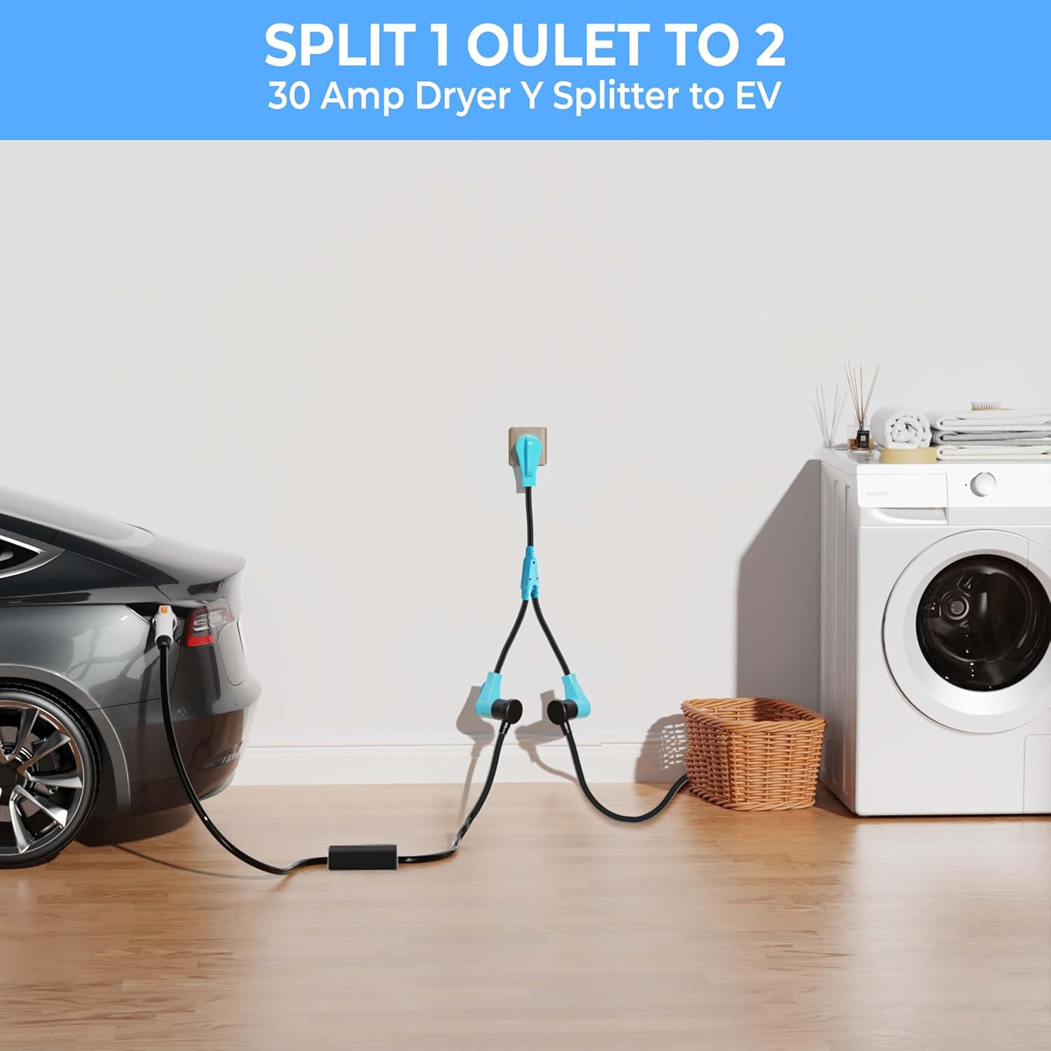 2FT CircleCord Dryer Y Splitter: NEMA 14-30P to 14-30R/14-50R, 250V 7500W, STW 10AWG 4 Prong Adapter for Dryer Outlet & RV EV Charging