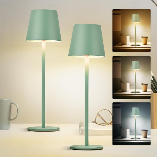2Pack Cordless Table Lamp with 5200mAh Rechargeable Battery - Waterproof Desk Lamp with 3 Color Dimming, Battery Operated for Kitchen, Outdoor, Restaurant, Camping - Matcha Green