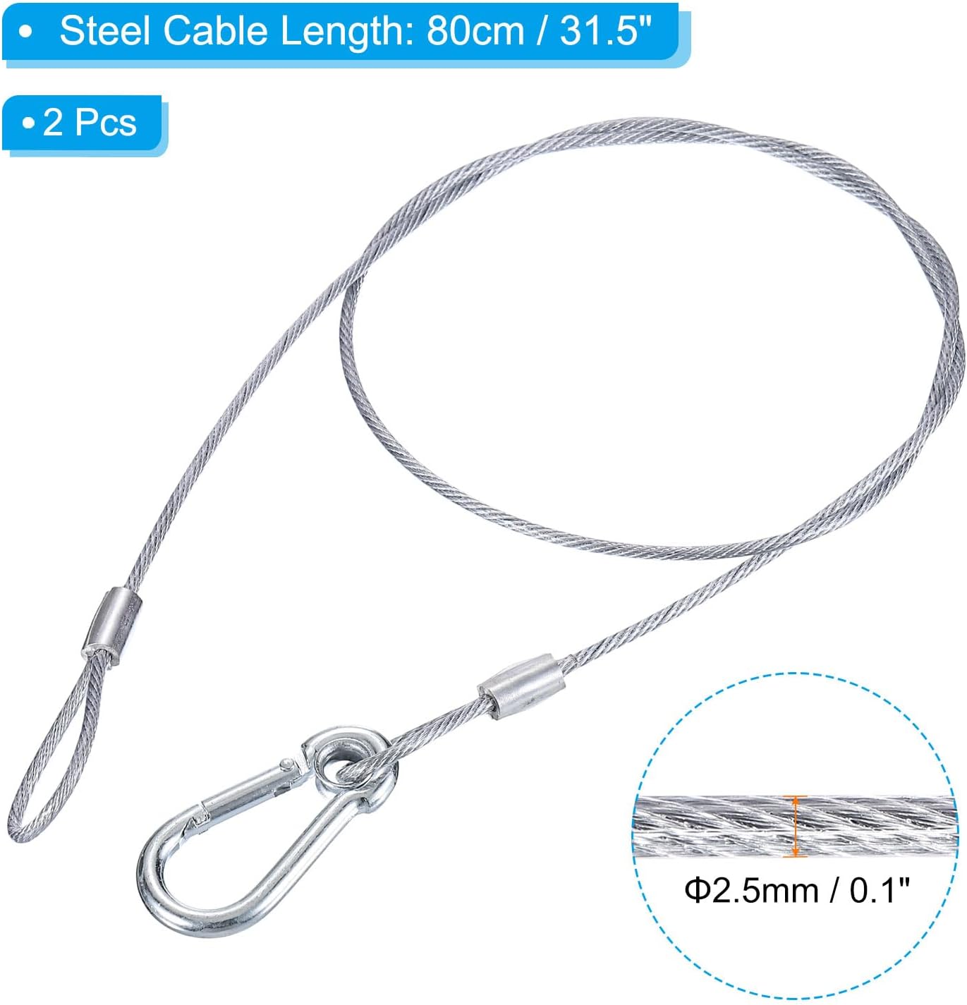 2Pack PATIKIL 31.5" Stainless Steel Safety Cable with Double Loops and Hook for Stage Lighting and Luggage - Flexible 2.5mm Security Wire Rope