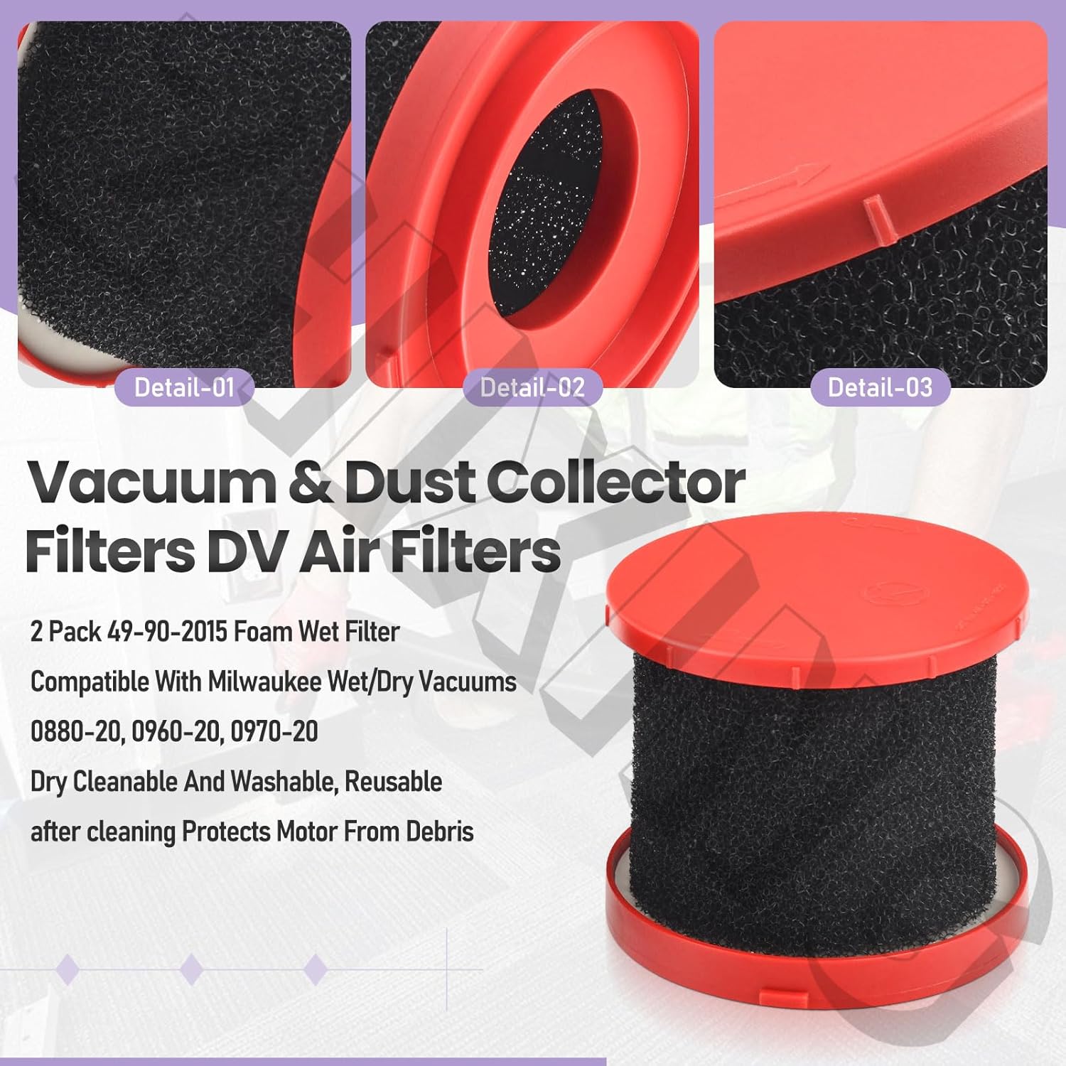 2Pack ZHIXING Foam Wet Filter Compatible with Milwaukee Wet/Dry Vacuums 0880-20, 0960-20, 0970-20