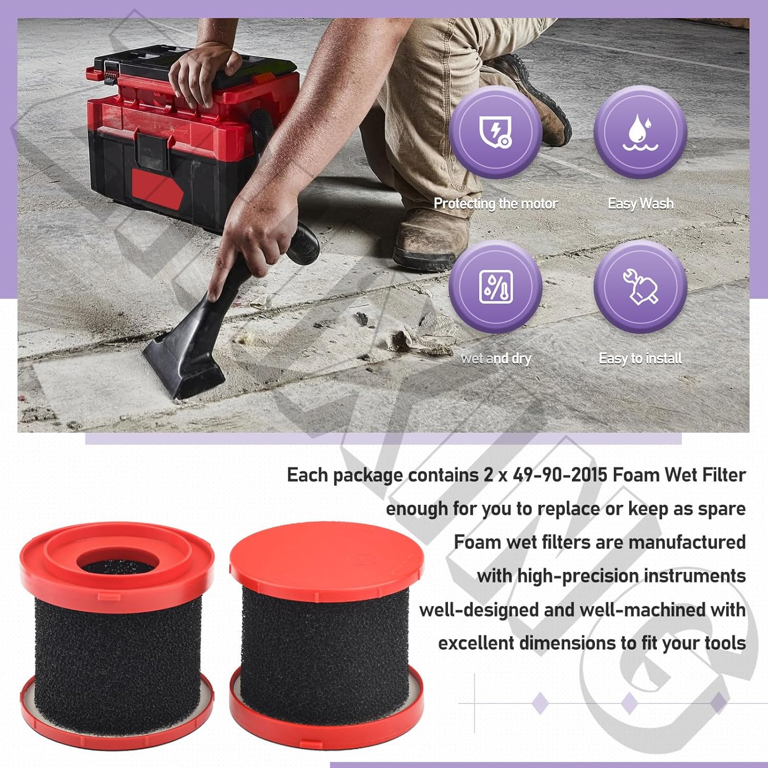 2Pack ZHIXING Foam Wet Filter Compatible with Milwaukee Wet/Dry Vacuums 0880-20, 0960-20, 0970-20