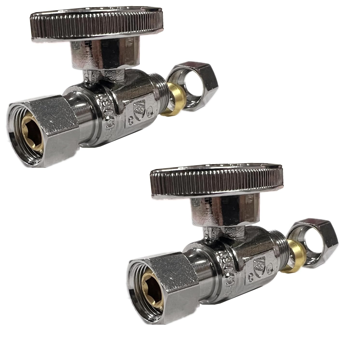 (2Pc) EZ-Fluid 3/8-Inch Straight Angle Stop Valve Set - Lead-Free Brass Quarter Turn Water Shut Off Valves for Kitchen and Bathroom