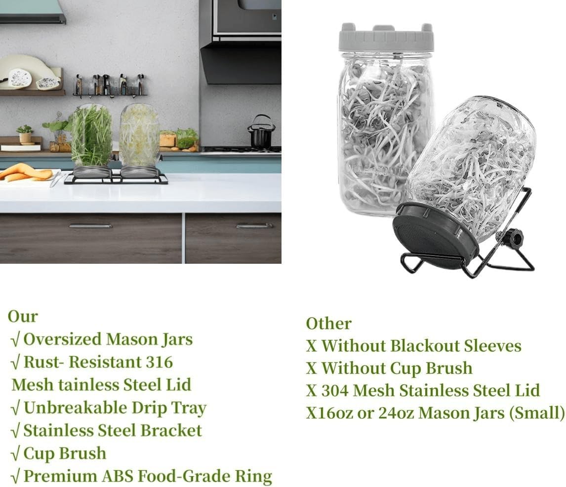2pcs Sprouts Growing Jar Kit with Stainless Steel Screen Lids - Quart Mason Jars for Broccoli, Alfalfa, Mung Bean - Seed Sprouter Set