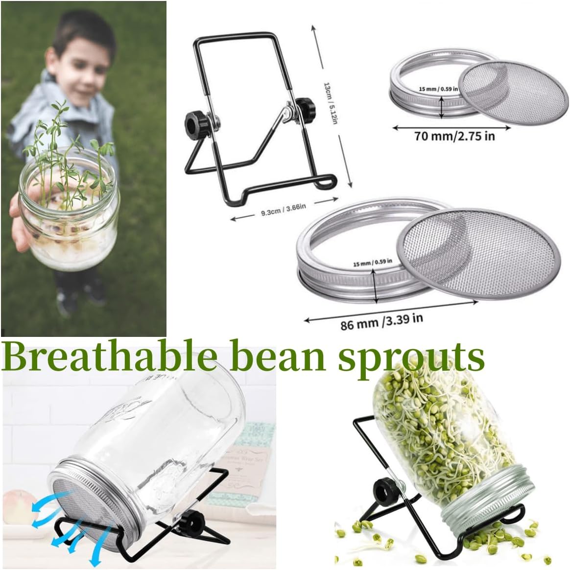 2pcs Sprouts Growing Jar Kit with Stainless Steel Screen Lids - Quart Mason Jars for Broccoli, Alfalfa, Mung Bean - Seed Sprouter Set
