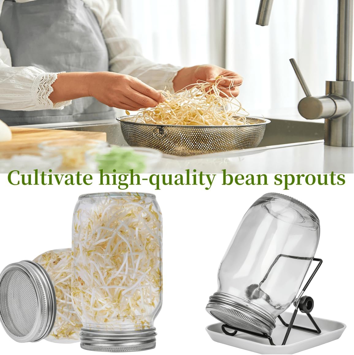 2pcs Sprouts Growing Jar Kit with Stainless Steel Screen Lids - Quart Mason Jars for Broccoli, Alfalfa, Mung Bean - Seed Sprouter Set