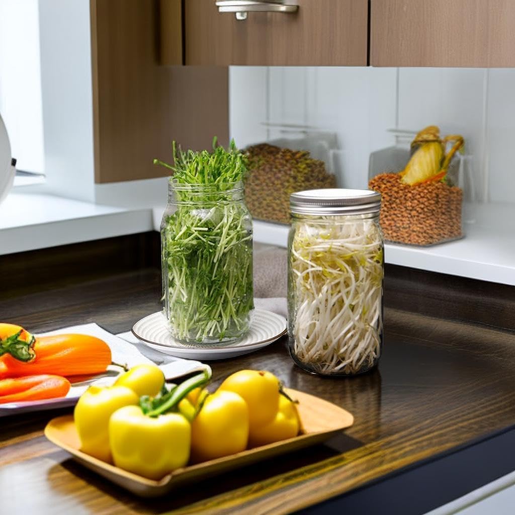 2pcs Sprouts Growing Jar Kit with Stainless Steel Screen Lids - Quart Mason Jars for Broccoli, Alfalfa, Mung Bean - Seed Sprouter Set