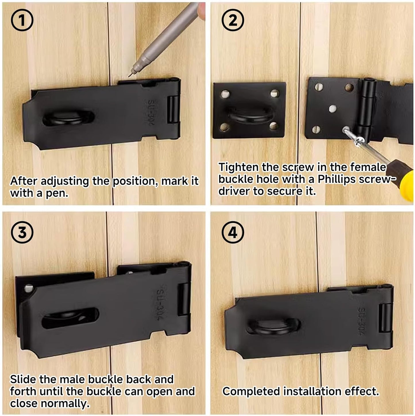 2PCS Stainless Steel Padlock Latch Lock Set for Doors, Gates, Sheds - Extra Thick Right Angle Packlock Clasp Hasp with Screws - Brushed Finish - 3 Inch Black Barn Door Lock