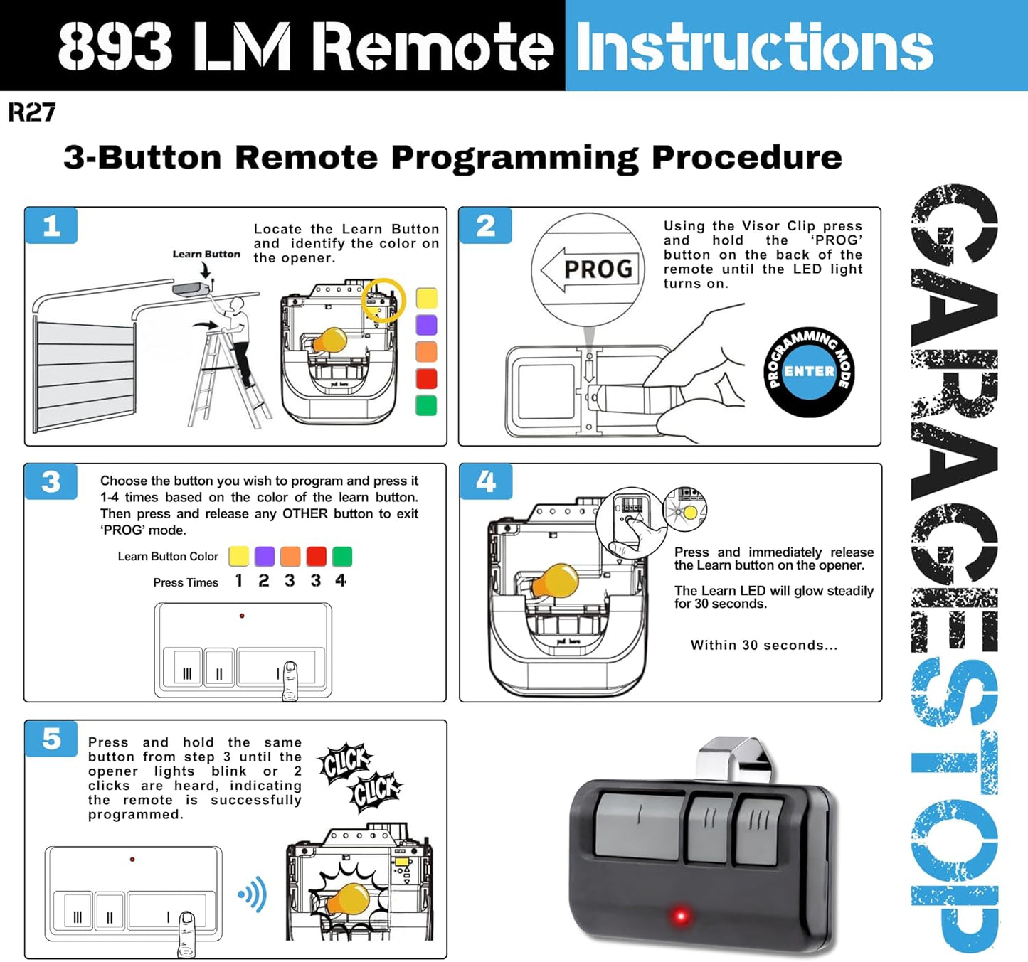 2X Garage Stop 893LM 893Max Remote for Chamberlain Liftmaster Craftsman, 1993-Present - Replacement Gate Opener Remote