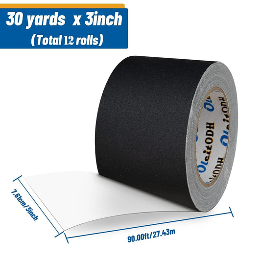 3" Black Gaffers Tape Bulk Pack - 12 Rolls, 30 Yards per Roll - Easy Tear, Non Reflective, Waterproof Cloth Tape for Photography, Filming, Stage - Oleitodh