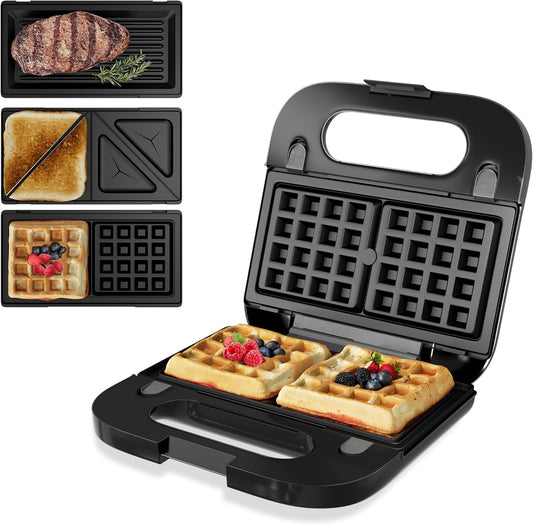 3-in-1 Electric Waffle Iron, Panini Press Grill, and Sandwich Maker Set - Removable Non-Stick Plates, Indicator Lights