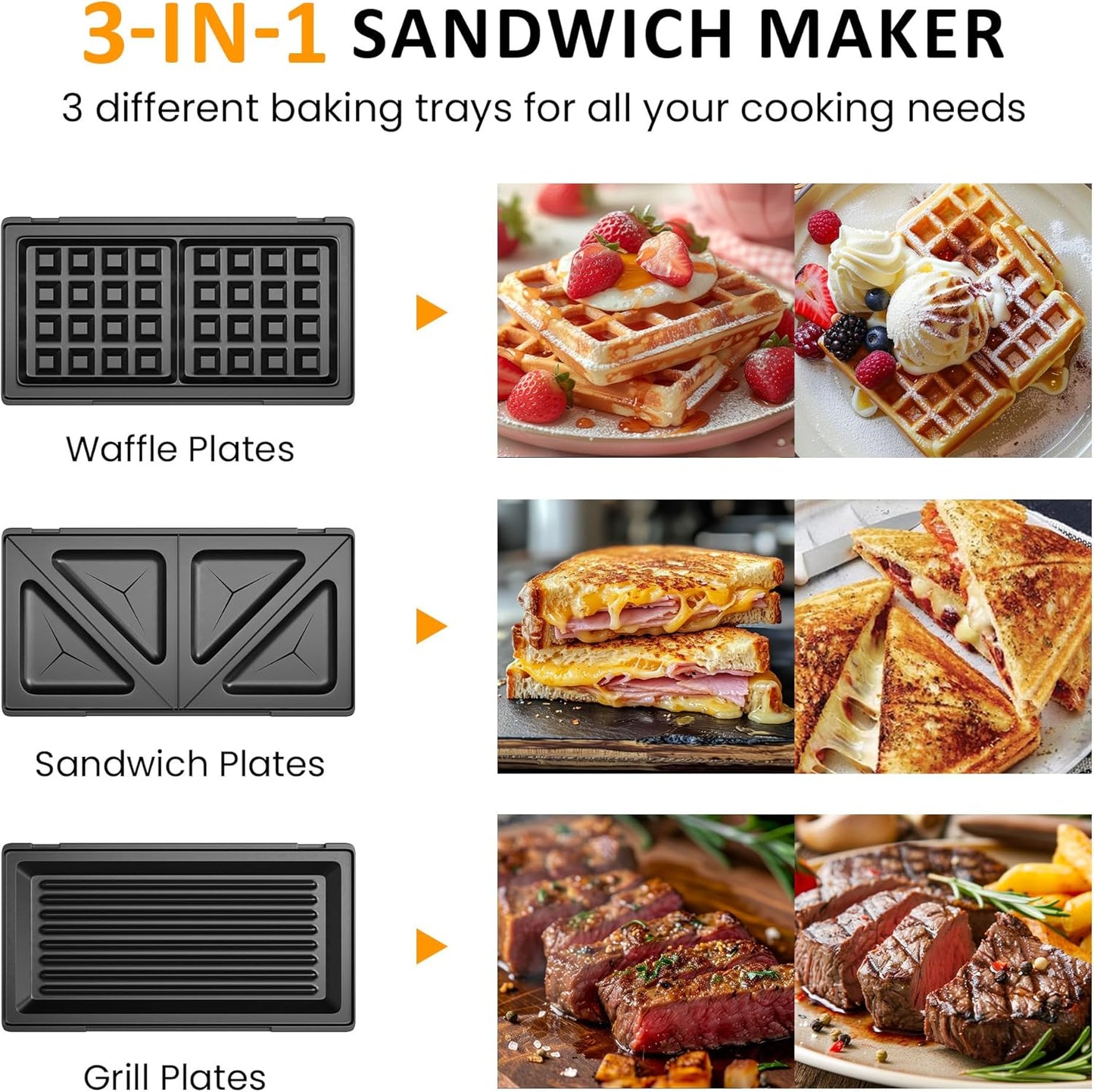 3-in-1 Electric Waffle Iron, Panini Press Grill, and Sandwich Maker Set - Removable Non-Stick Plates, Indicator Lights