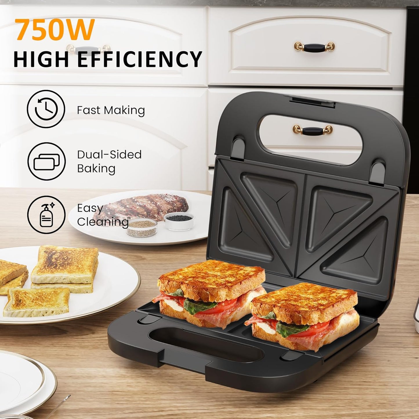 3-in-1 Electric Waffle Iron, Panini Press Grill, and Sandwich Maker Set - Removable Non-Stick Plates, Indicator Lights