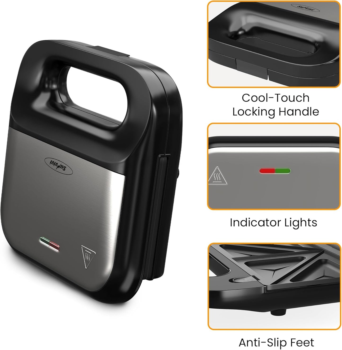 3-in-1 Electric Waffle Iron, Panini Press Grill, and Sandwich Maker Set - Removable Non-Stick Plates, Indicator Lights