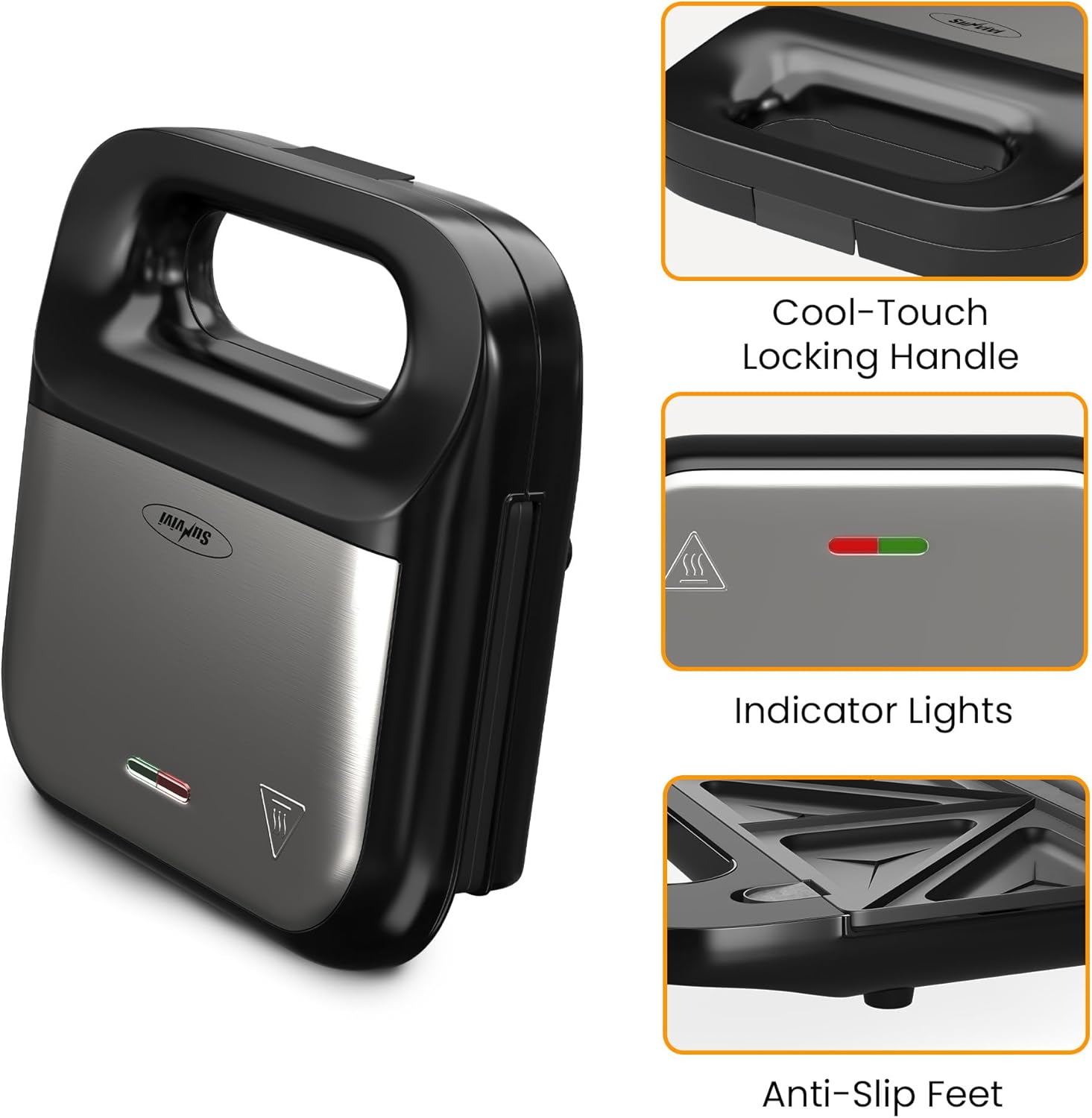 3-in-1 Electric Waffle Iron, Panini Press Grill, and Sandwich Maker Set - Removable Non-Stick Plates, Indicator Lights