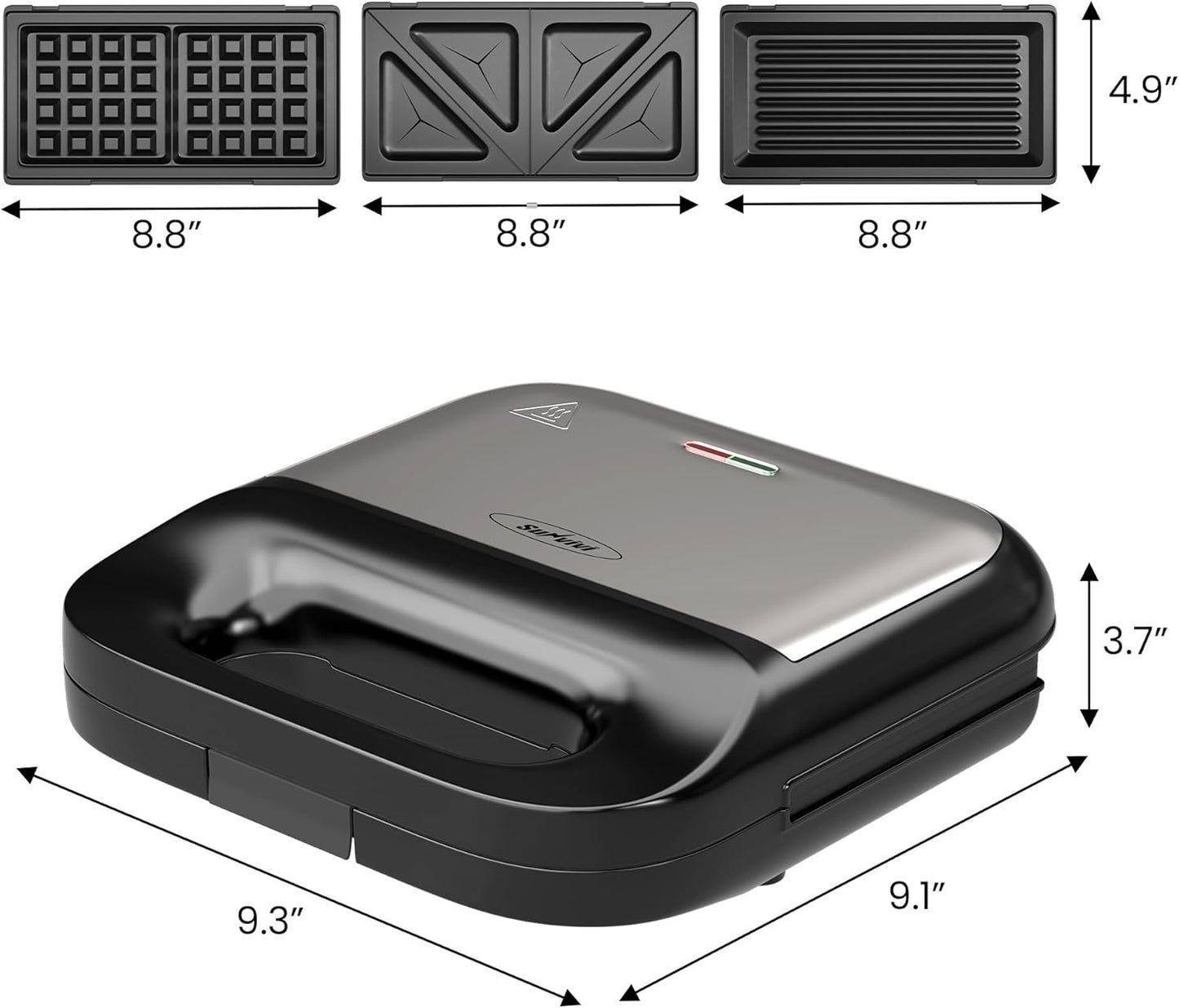 3-in-1 Electric Waffle Iron, Panini Press Grill, and Sandwich Maker Set - Removable Non-Stick Plates, Indicator Lights
