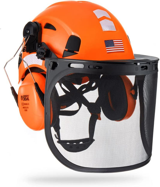 3-in-1 Forestry Safety Helmet with Chainsaw Protection, Mesh Face Shield, and Ear Muffs - Green Devil Hard Hat
