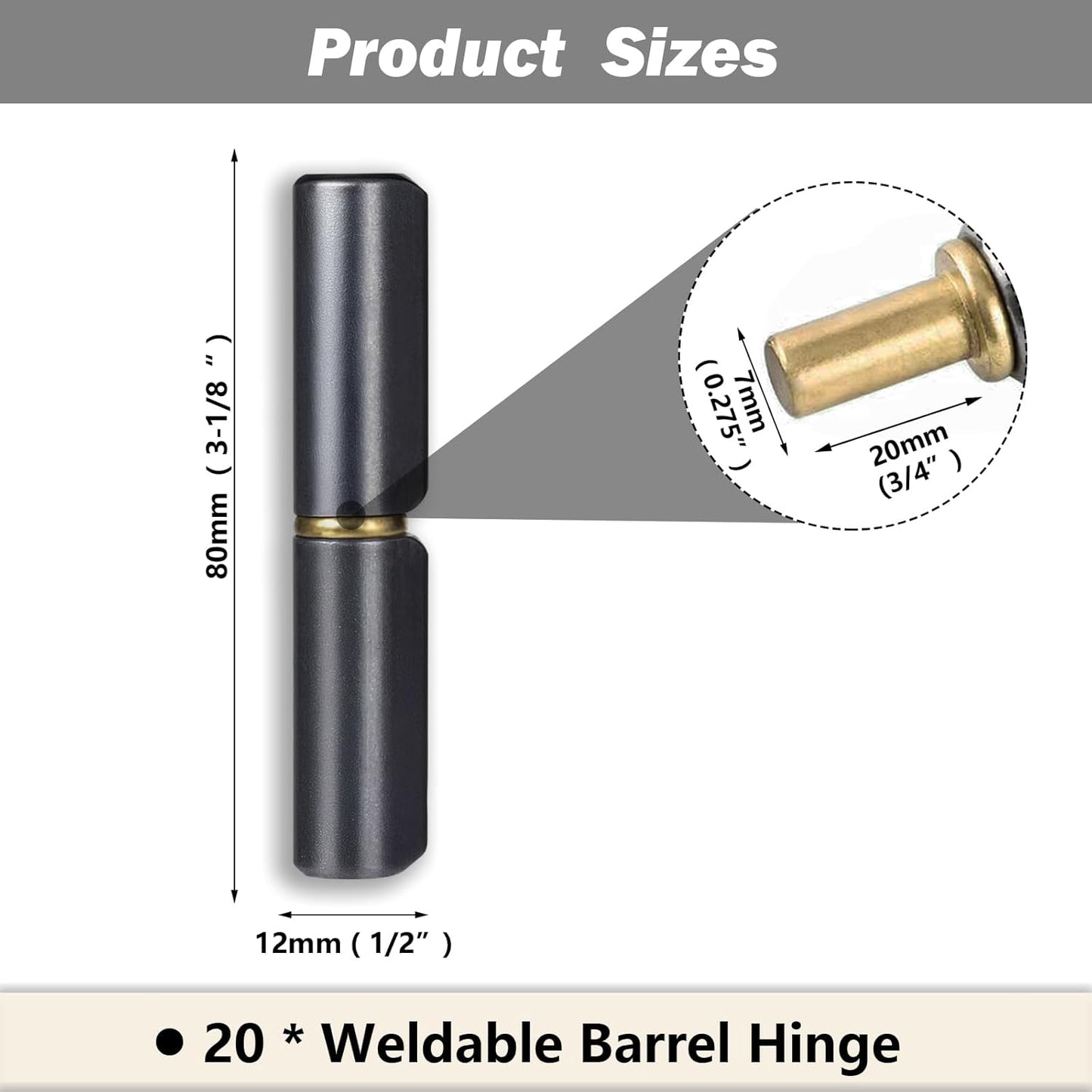 3 Inch Weld On Barrel Hinges - 20 Pack Heavy Duty Carbon Steel Detachable Hinges for Swing Doors, Gates, Trailer Ramps, Driveway Gates - 360° Rotating Bullet Hinges with Low Friction Pin