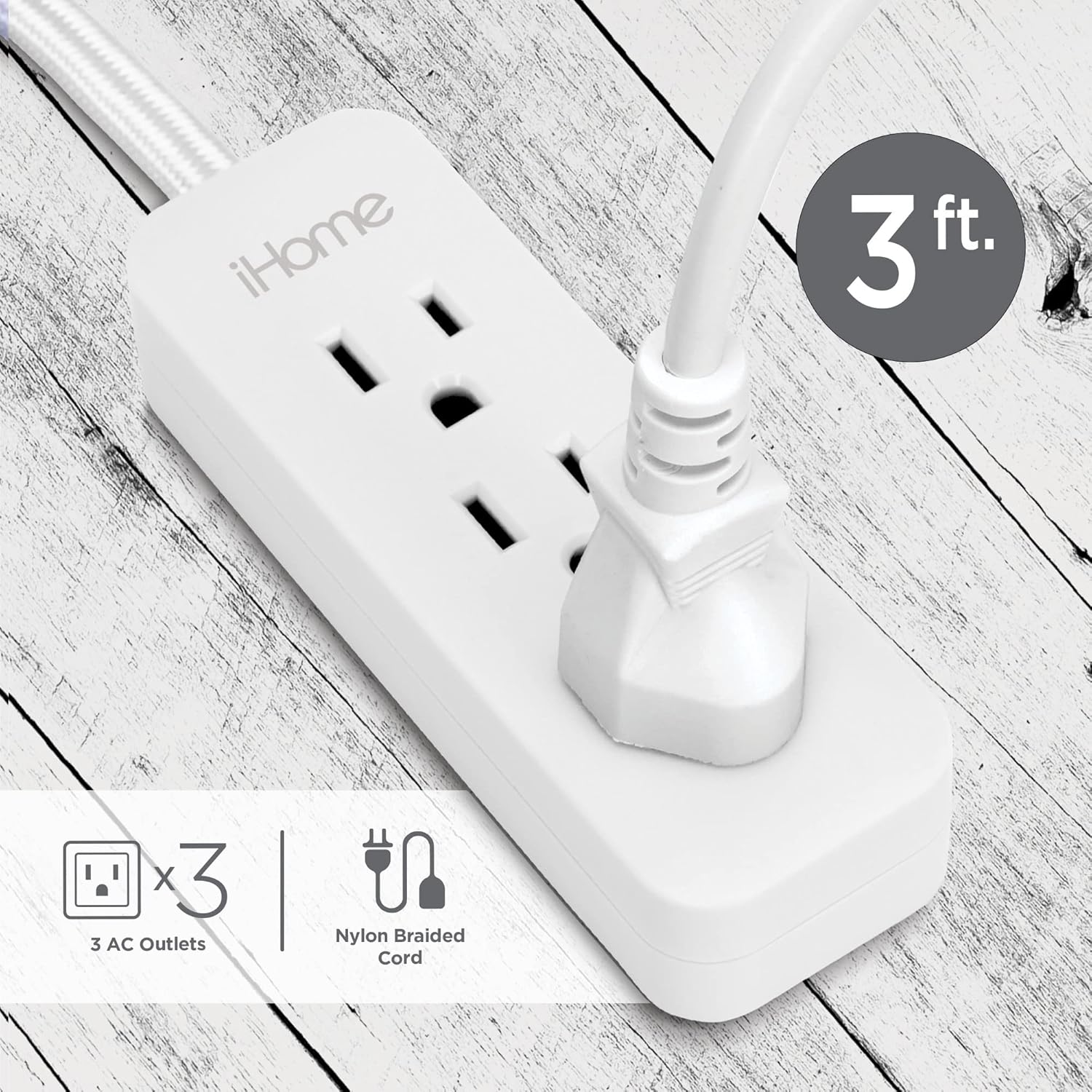 3 Outlet Power Strip with 3ft Nylon Braided Cord, Flat Plug - Ideal for Kitchen & Furniture - Heavy-Duty Surge Protector