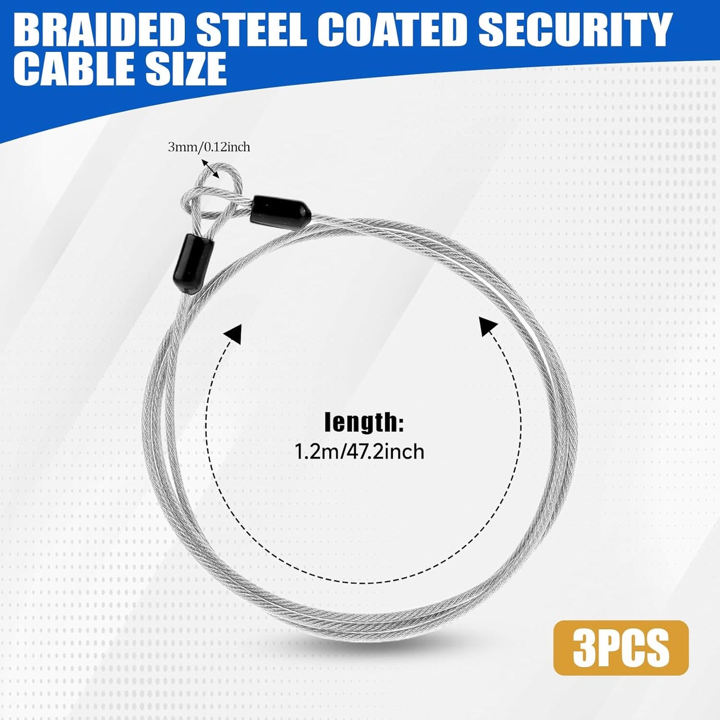 3-Pack 4 Ft Flexible Stainless Steel Security Cable with Loops - 3mm Safety Cable for Bike Locks and Luggage