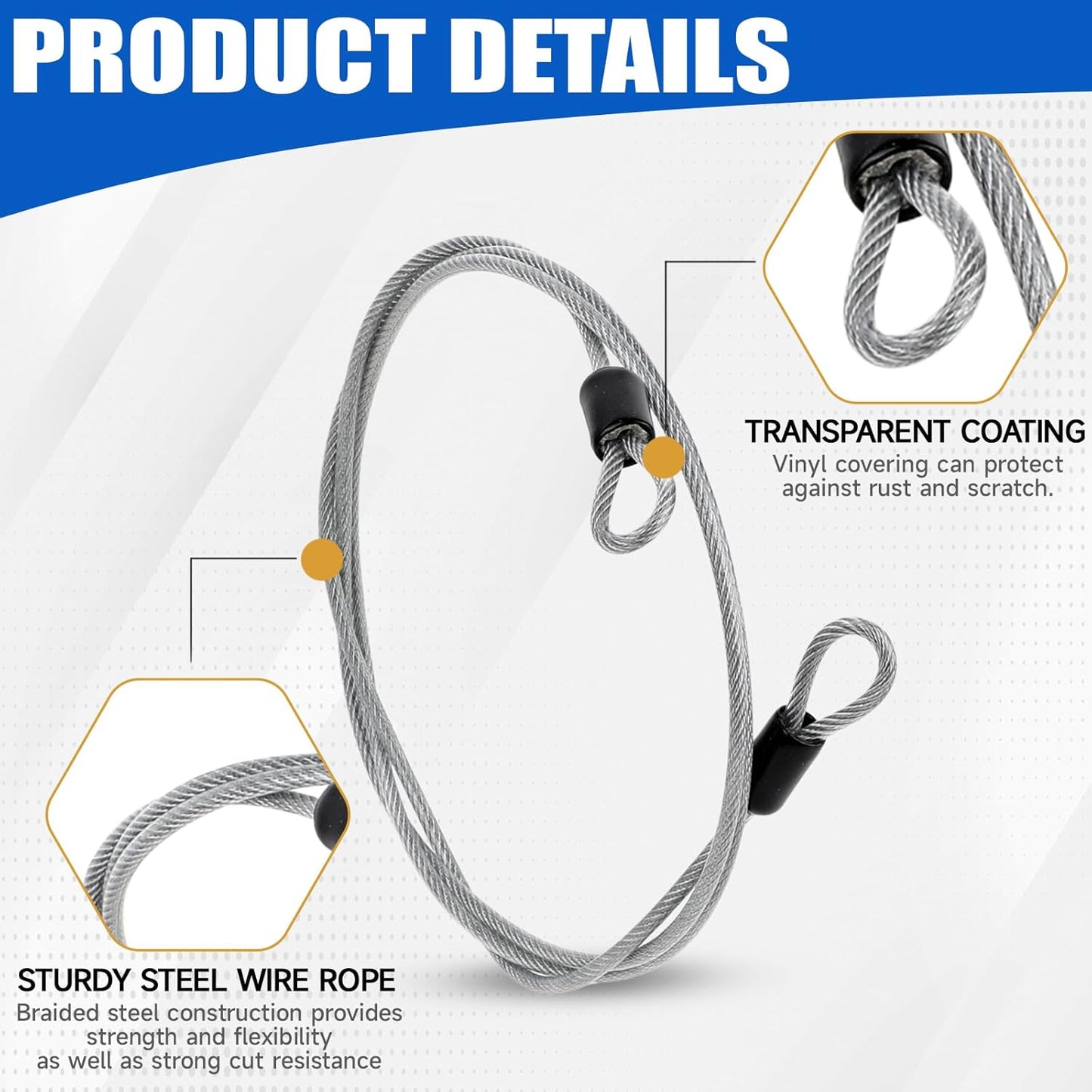 3-Pack 4 Ft Flexible Stainless Steel Security Cable with Loops - 3mm Safety Cable for Bike Locks and Luggage