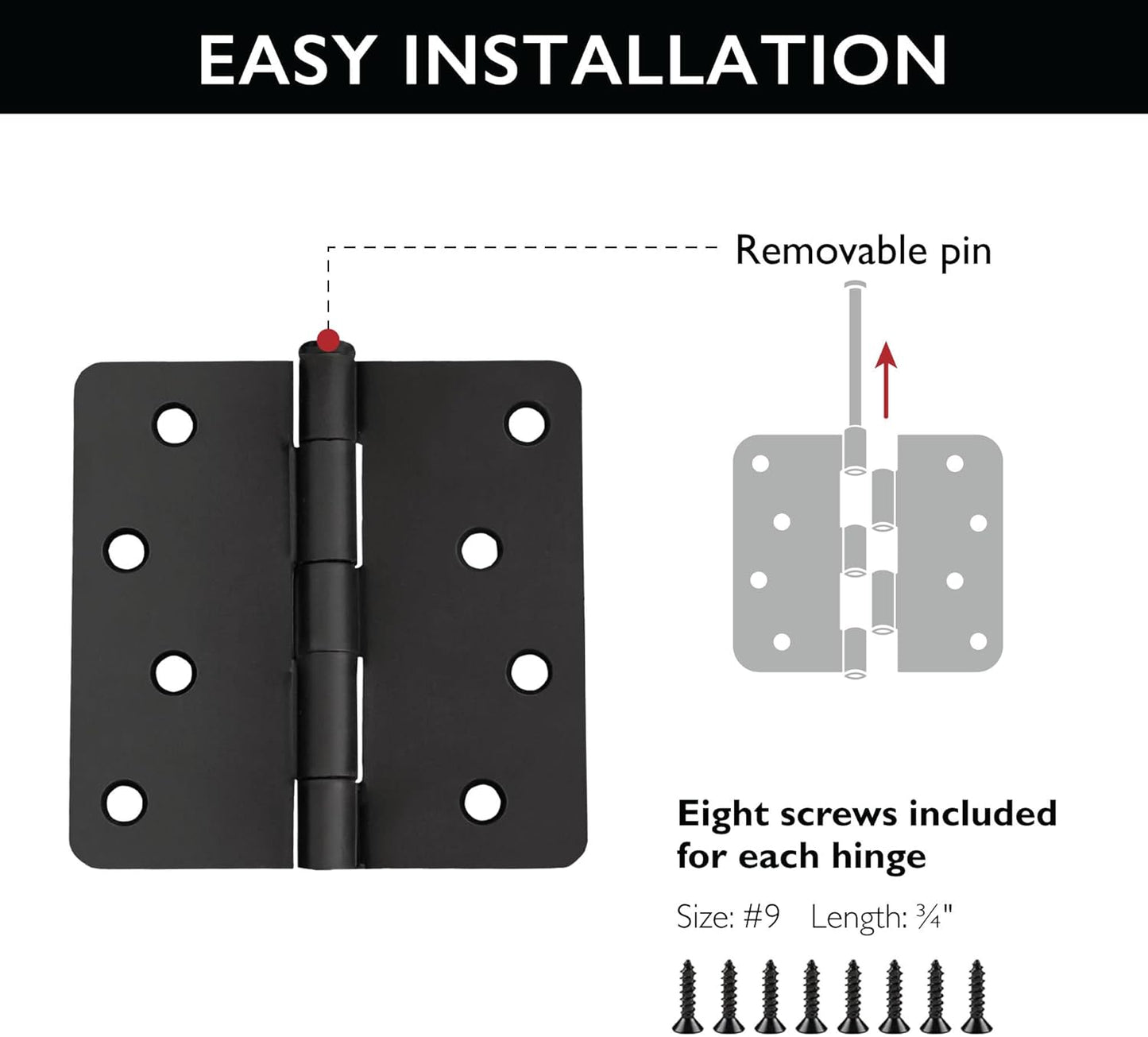 3-Pack 4"x4" Steel Door Hinges for Interior Doors, Matte Black Finish by Design House