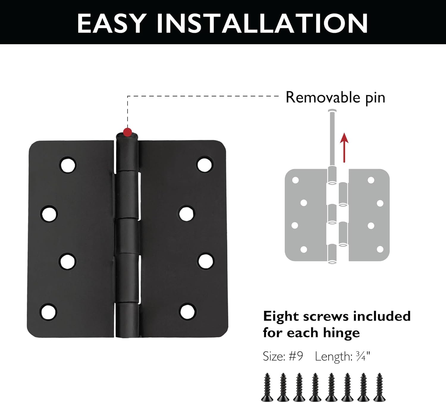 3-Pack 4"x4" Steel Door Hinges for Interior Doors, Matte Black Finish by Design House