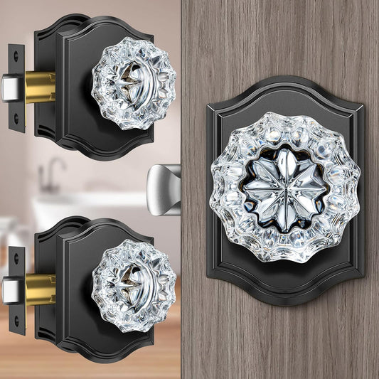 3-Pack Black Crystal Door Knobs with Lock for Privacy - Vintage Glass Interior Knob Set for Bedroom and Bathroom
