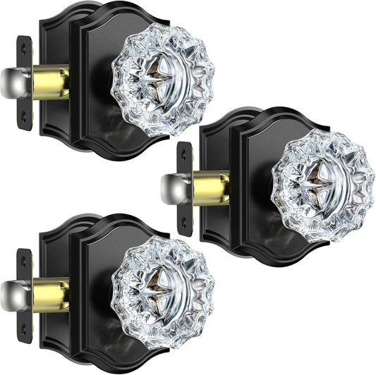 3 Pack Black Glass Crystal Door Knobs for Closets and Hallways, Vintage Matte Black Passage Interior Door Knobs